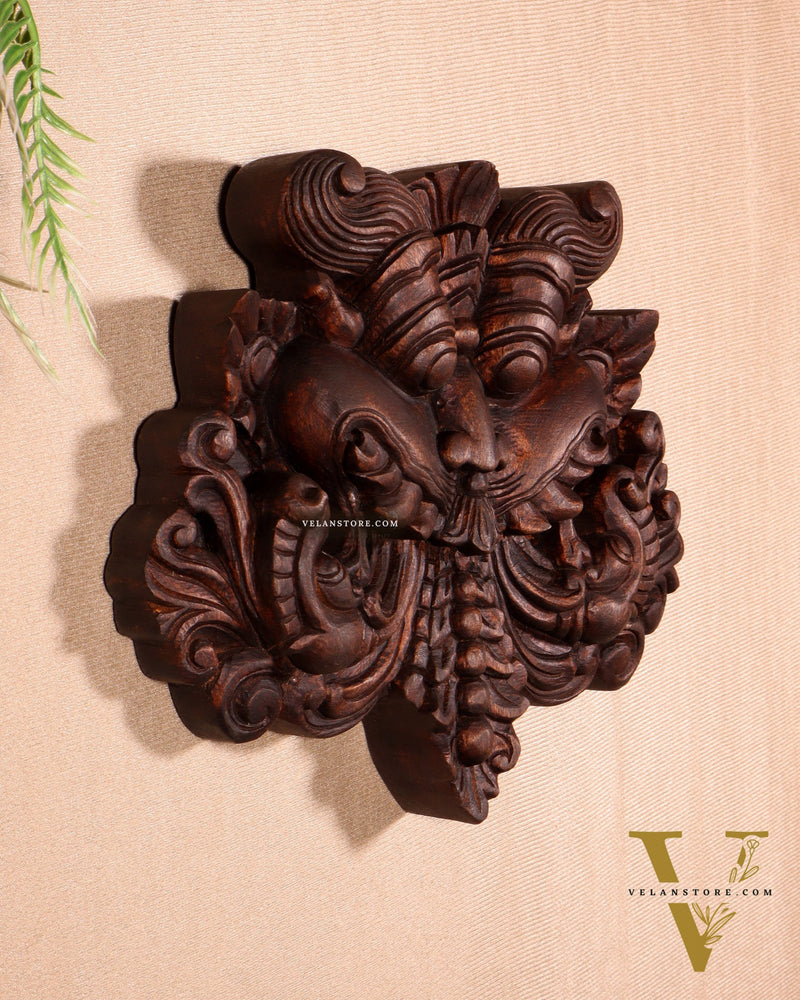 Wooden Kirtimukha Yali Wall Hanging Nazarbattu 12" Handcrafted Protection Charm