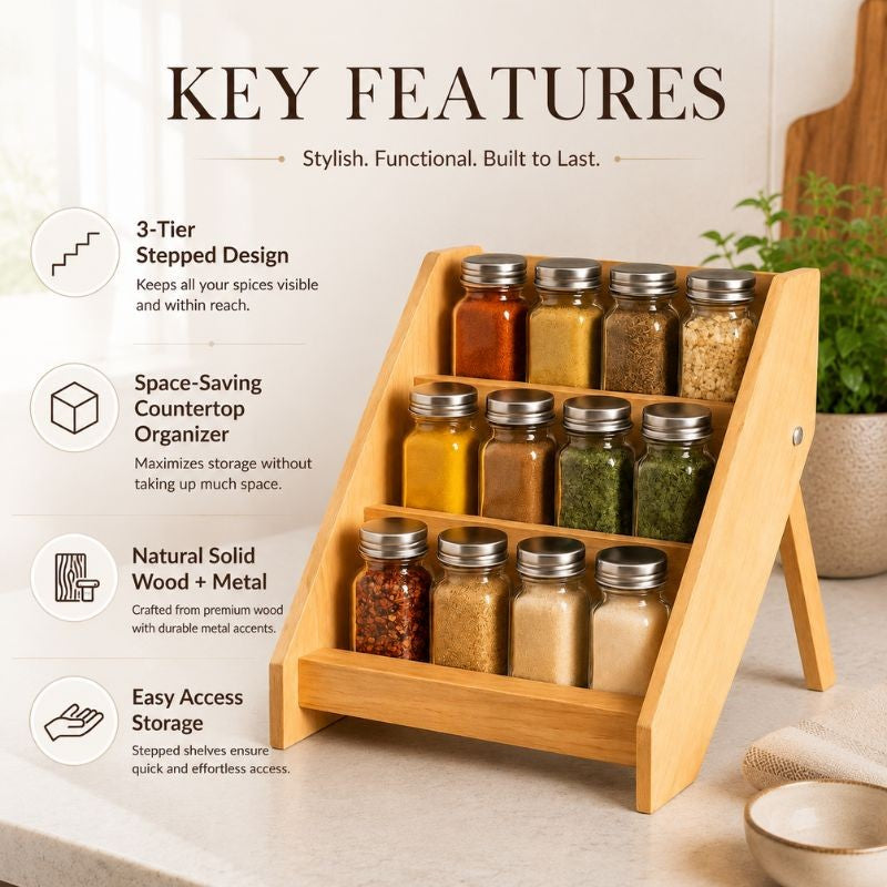 Wooden 3-Tier Spice Jar Storage Rack Organizer for Kitchen Counter