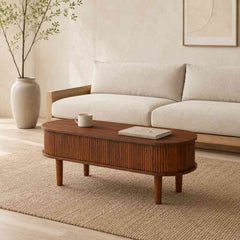 Space-Saving Oval Lift-Top Coffee Table with 3 Hidden Compartments – Acacia Wood