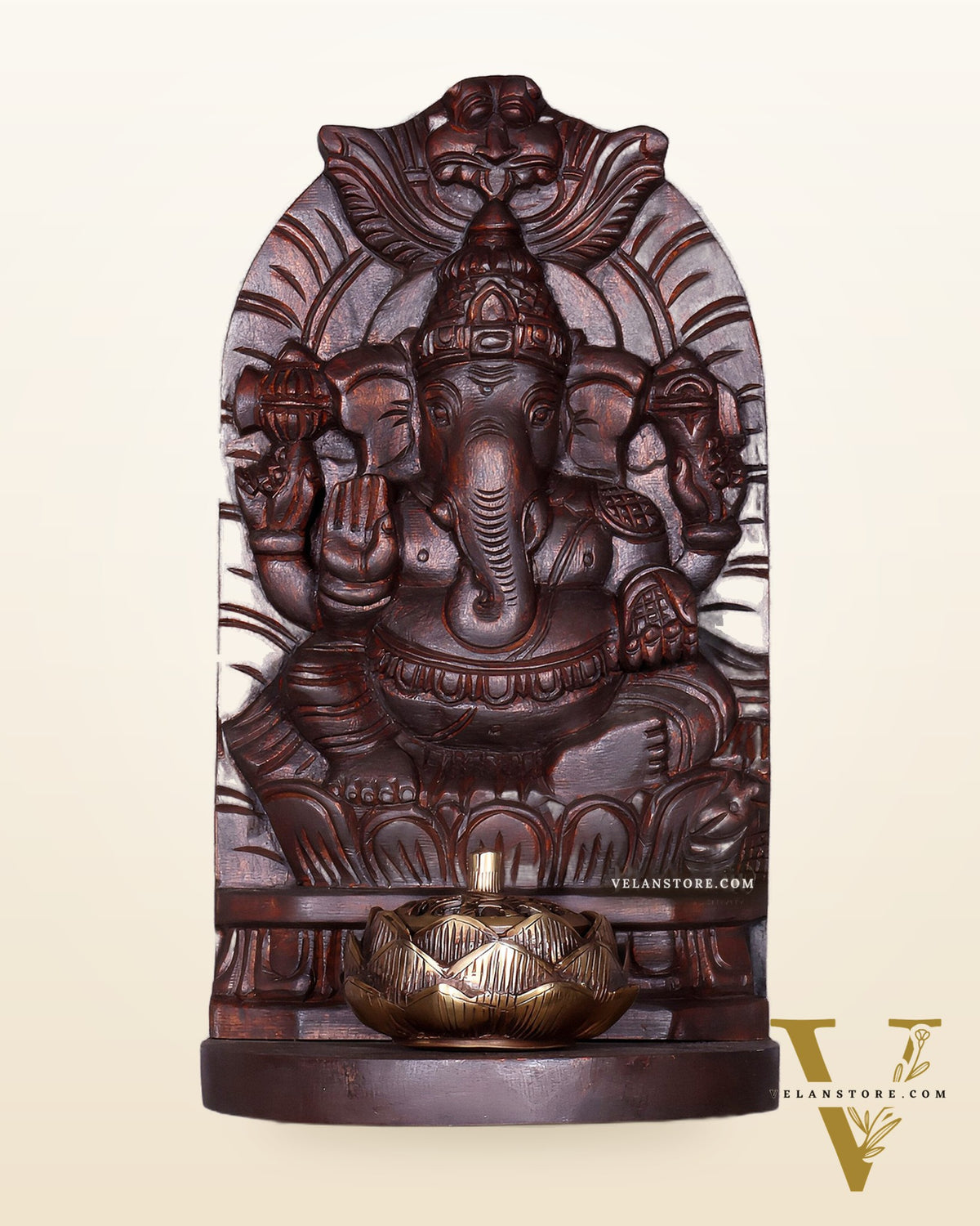 Wooden Lord Ganesha Carved Wall Hanging Shelf – Decorative Display Shelf 12"