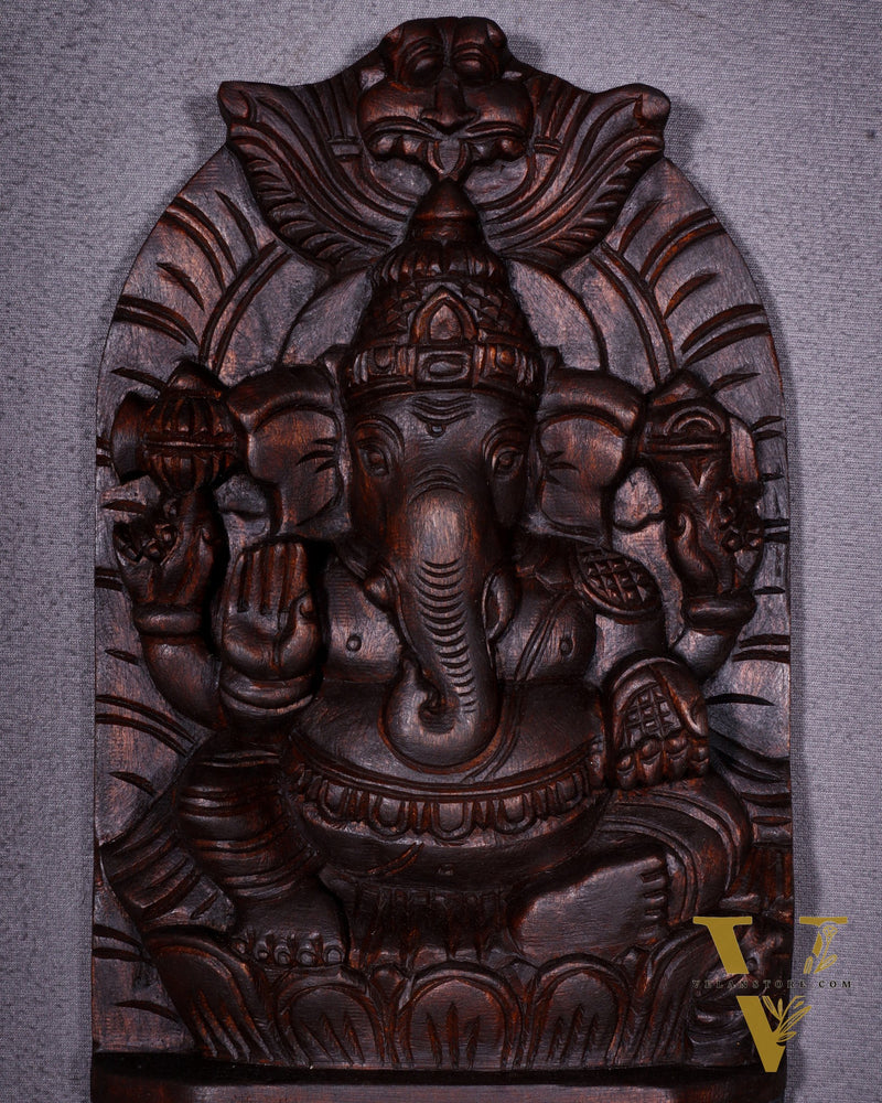 Wooden Lord Ganesha Carved Wall Hanging Shelf – Decorative Display Shelf 12"
