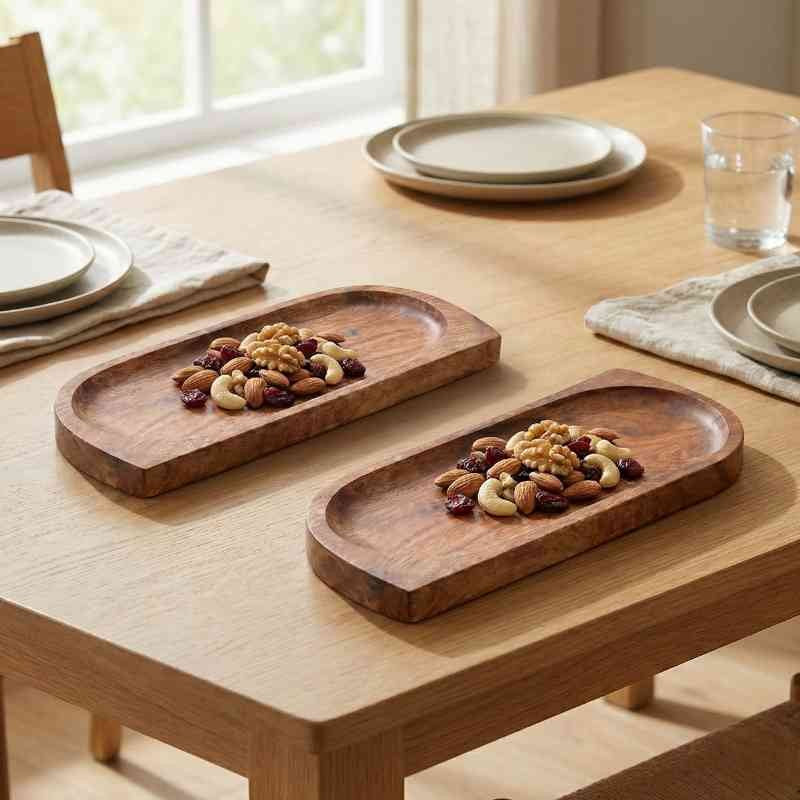 Wooden Serving Platter Set of 2 | Wood Platter | Acacia Wood Tray Set | Wooden Platter