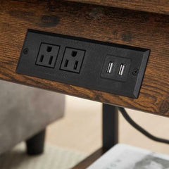 Rustic Smart Charging Sofa Side Table with Storage Shelf | Wooden Side Table with Built-In Power Outlets & USB Ports | Industrial Style | Compact Living Room Furniture