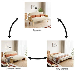 Mid-Century Beige Modern Rattan Daybed Full Folding Sofa Cum Bed, 3-Seater Convertible Sleeper Lounge Chair with Wooden Side Tray