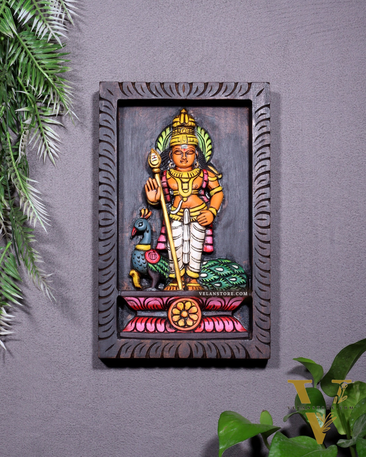 Wooden Standing Lord Murugan with Peacock Wall Hanging – Hand-Painted Panel 13 inch