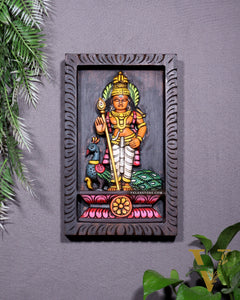 Wooden Standing Lord Murugan with Peacock Wall Hanging – Hand-Painted Panel 13 inch