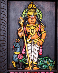Wooden Standing Lord Murugan with Peacock Wall Hanging – Hand-Painted Panel 13 inch