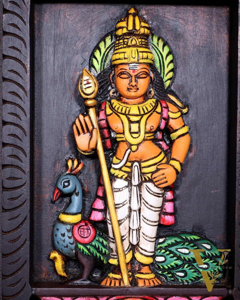 Wooden Standing Lord Murugan with Peacock Wall Hanging – Hand-Painted Panel 13 inch