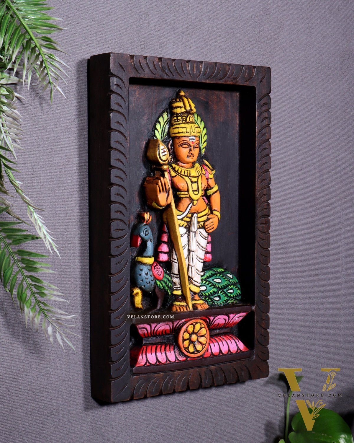 Wooden Standing Lord Murugan with Peacock Wall Hanging – Hand-Painted Panel 13 inch