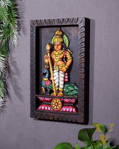 Wooden Standing Lord Murugan with Peacock Wall Hanging – Hand-Painted Panel 13 inch