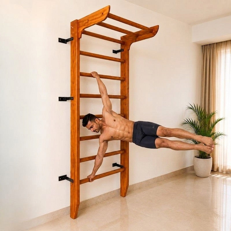 Wooden Swedish Wall Bar Ladder with Pull-Up Bar – Solid Wood Gymnastics Stall Bars for Home Gym, Stretching & Physiotherapy