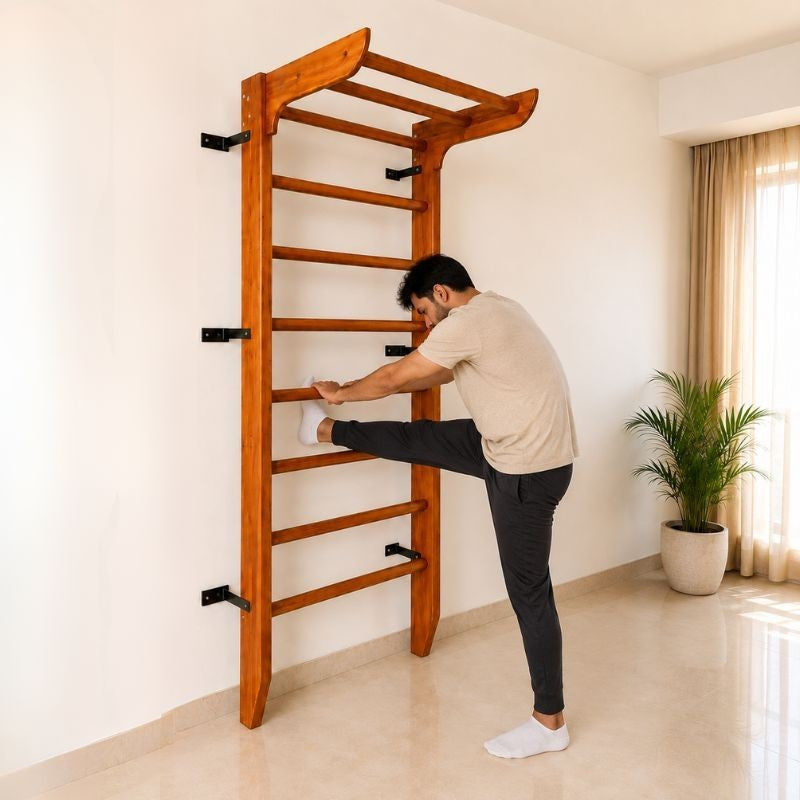 Wooden Swedish Wall Bar Ladder with Pull-Up Bar – Solid Wood Gymnastics Stall Bars for Home Gym, Stretching & Physiotherapy