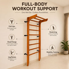 Wooden Swedish Wall Bar Ladder with Pull-Up Bar – Solid Wood Gymnastics Stall Bars for Home Gym, Stretching & Physiotherapy