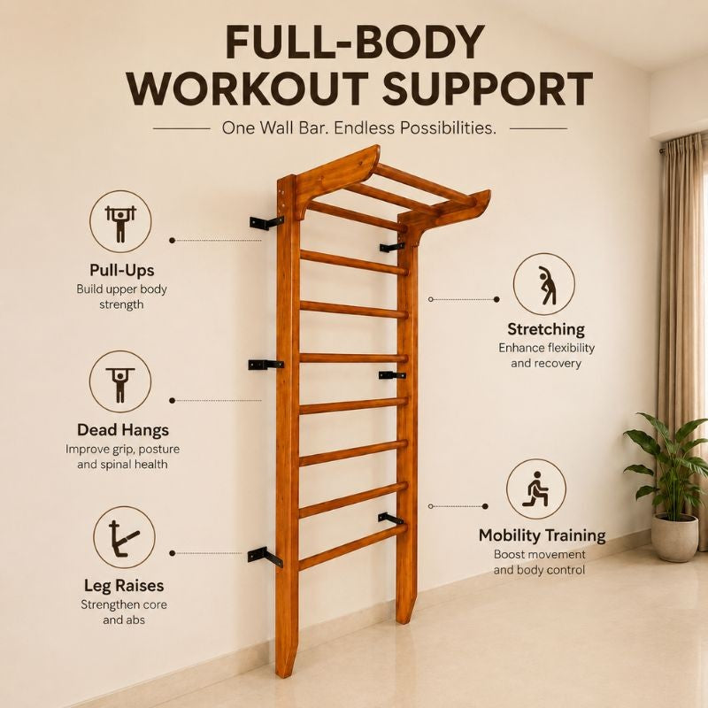 Wooden Swedish Wall Bar Ladder with Pull-Up Bar – Solid Wood Gymnastics Stall Bars for Home Gym, Stretching & Physiotherapy
