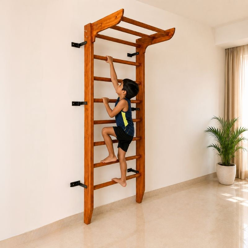 Wooden Swedish Wall Bar Ladder with Pull-Up Bar – Solid Wood Gymnastics Stall Bars for Home Gym, Stretching & Physiotherapy