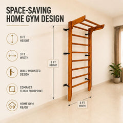 Wooden Swedish Wall Bar Ladder with Pull-Up Bar – Solid Wood Gymnastics Stall Bars for Home Gym, Stretching & Physiotherapy