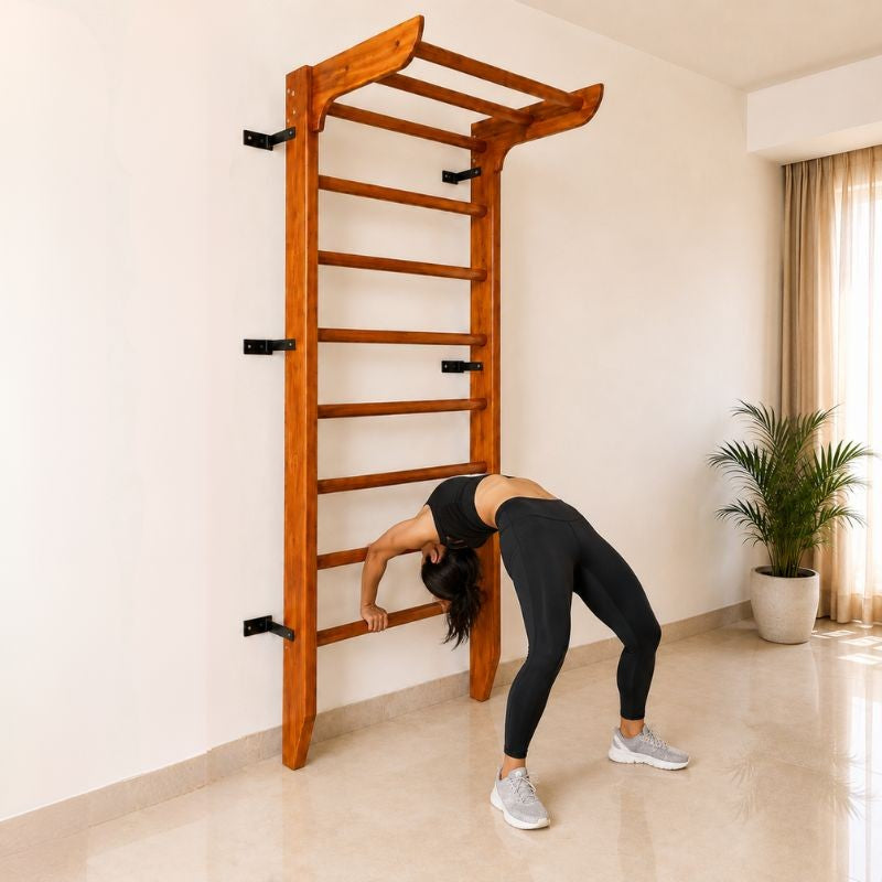 Wooden Swedish Wall Bar Ladder with Pull-Up Bar – Solid Wood Gymnastics Stall Bars for Home Gym, Stretching & Physiotherapy