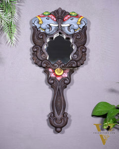 Wooden Twin Elephant Wall Hanging Mirror with Lotus Motif – Handcrafted