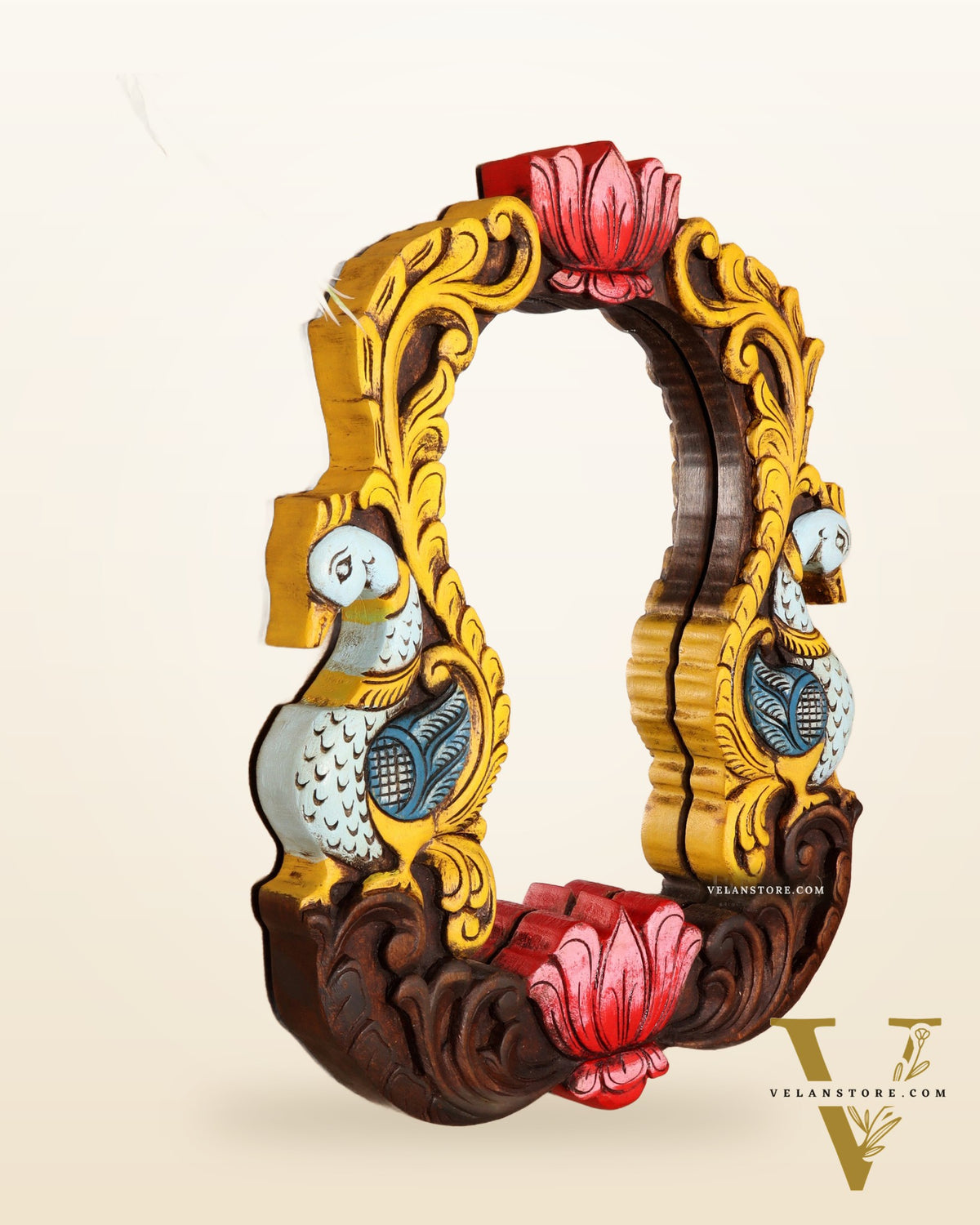 Wooden Twin Peacock Wall Hanging Mirror with Lotus Motifs – Handcrafted (14.5 inches)