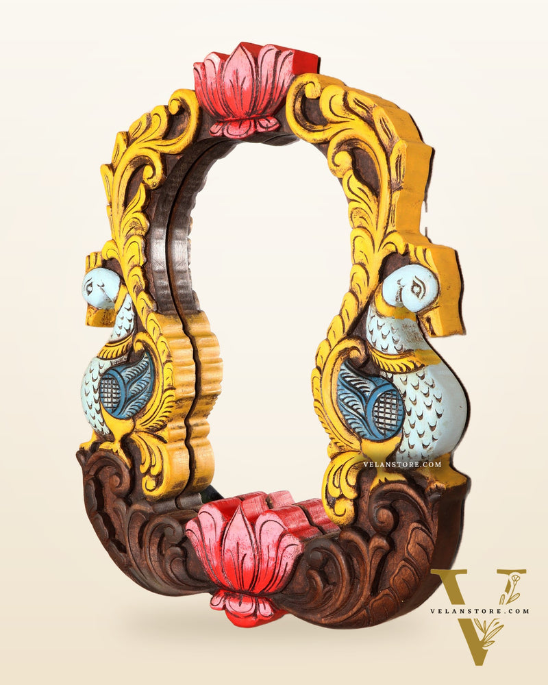 Wooden Twin Peacock Wall Hanging Mirror with Lotus Motifs – Handcrafted (14.5 inches)