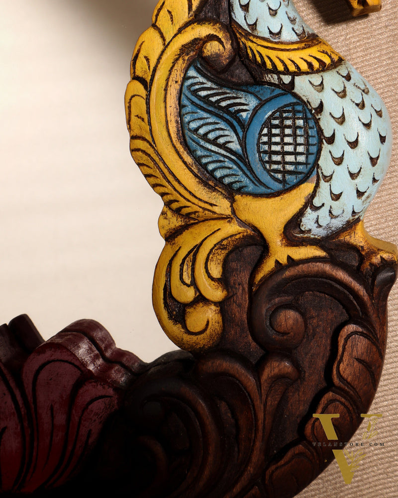 Wooden Twin Peacock Wall Hanging Mirror with Lotus Motifs – Handcrafted (14.5 inches)