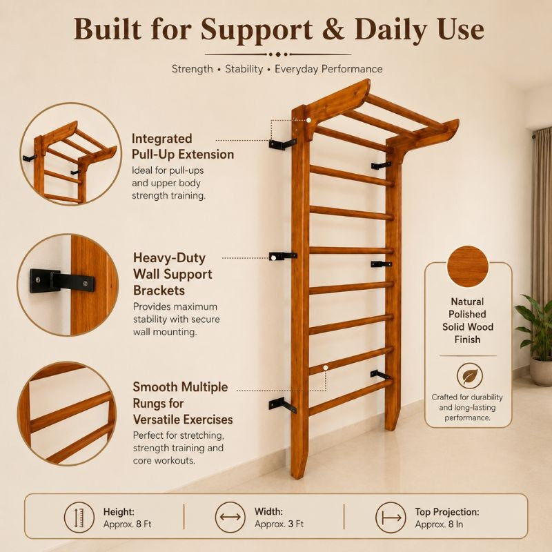 Wooden Swedish Wall Bar Ladder with Pull-Up Bar – Solid Wood Gymnastics Stall Bars for Home Gym, Stretching & Physiotherapy