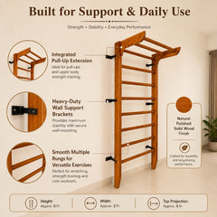 Wooden Swedish Wall Bar Ladder with Pull-Up Bar – Solid Wood Gymnastics Stall Bars for Home Gym, Stretching & Physiotherapy