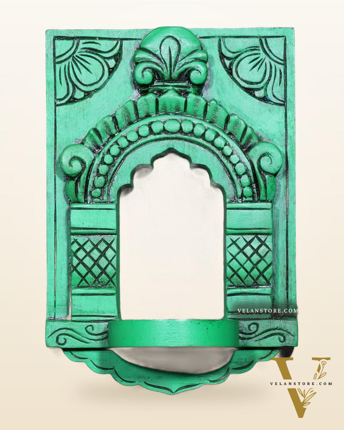 Wooden Wall Hanging Jharokha Arch – Handcrafted Decorative Shelf (Green)