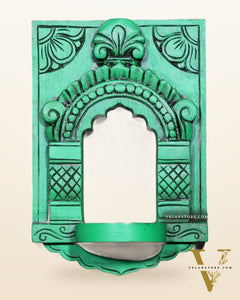 Wooden Wall Hanging Jharokha Arch – Handcrafted Decorative Shelf (Green)
