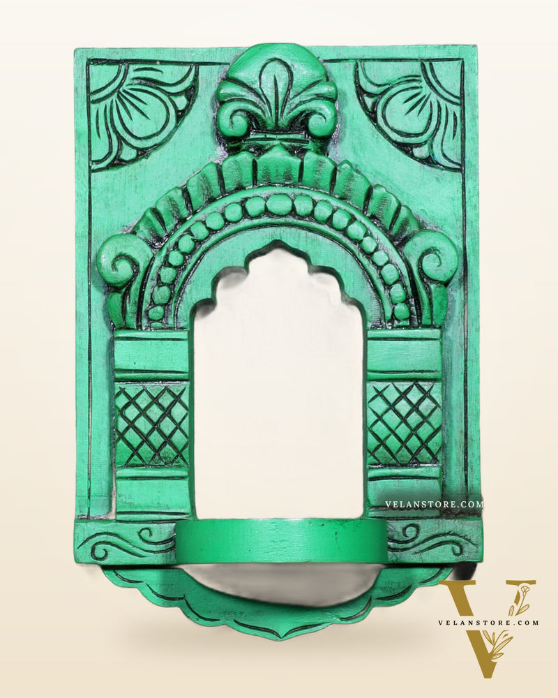 Wooden Wall Hanging Jharokha Arch – Handcrafted Decorative Shelf (Green)