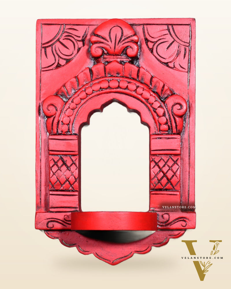 Wooden Wall Hanging Jharokha Arch – Handcrafted Decorative Shelf (Red)