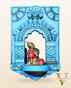 Wooden Wall Hanging Jharokha Arch – Handcrafted Decorative Shelf (Blue)