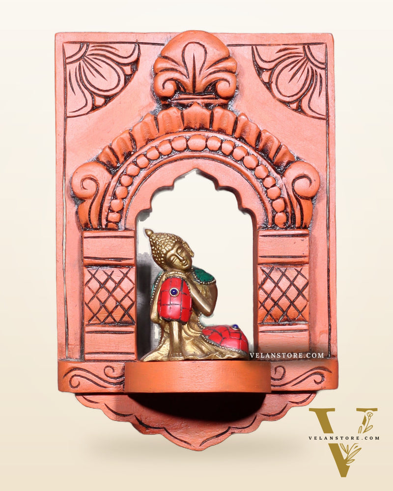 Wooden Wall Hanging Jharokha Arch – Handcrafted Decorative Shelf (Earthy red)