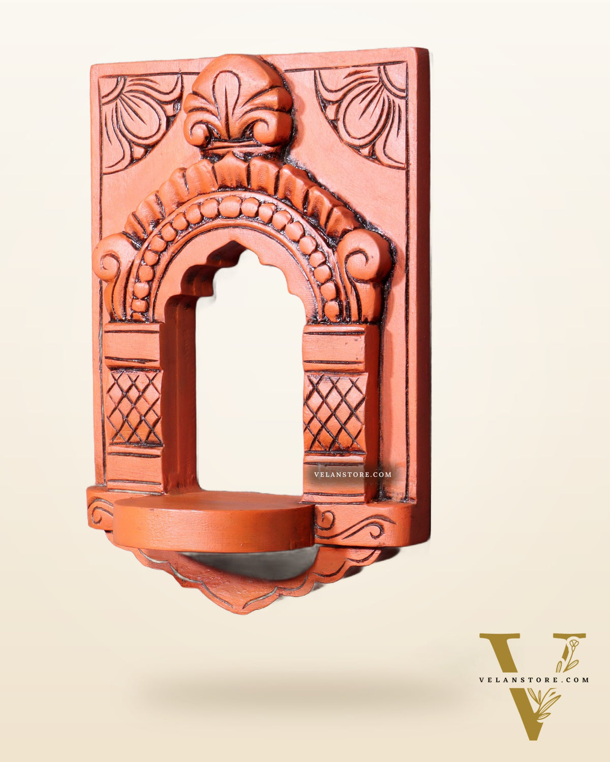 Wooden Wall Hanging Jharokha Arch – Handcrafted Decorative Shelf (Earthy red)