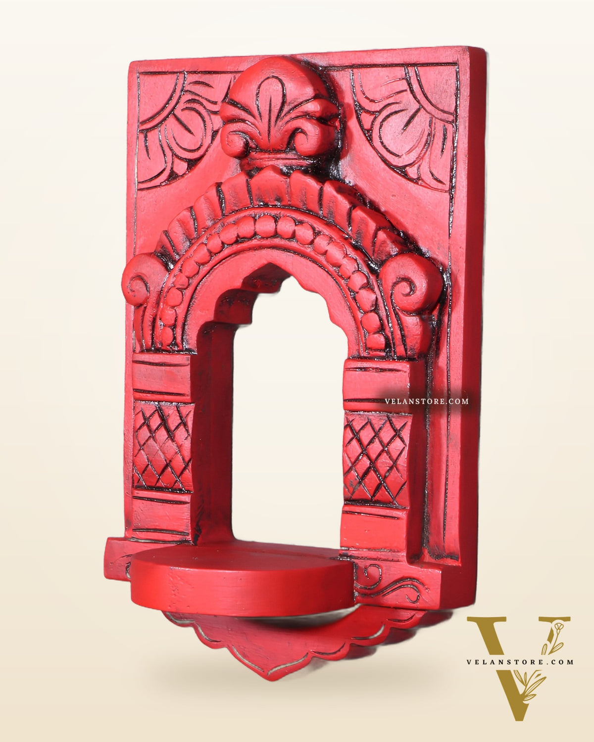 Wooden Wall Hanging Jharokha Arch – Handcrafted Decorative Shelf (Red)