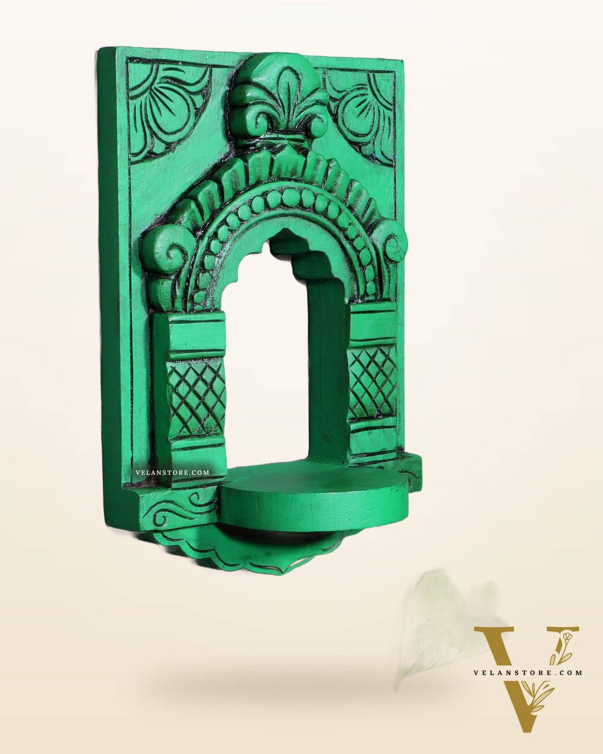 Wooden Wall Hanging Jharokha Arch – Handcrafted Decorative Shelf (Green)