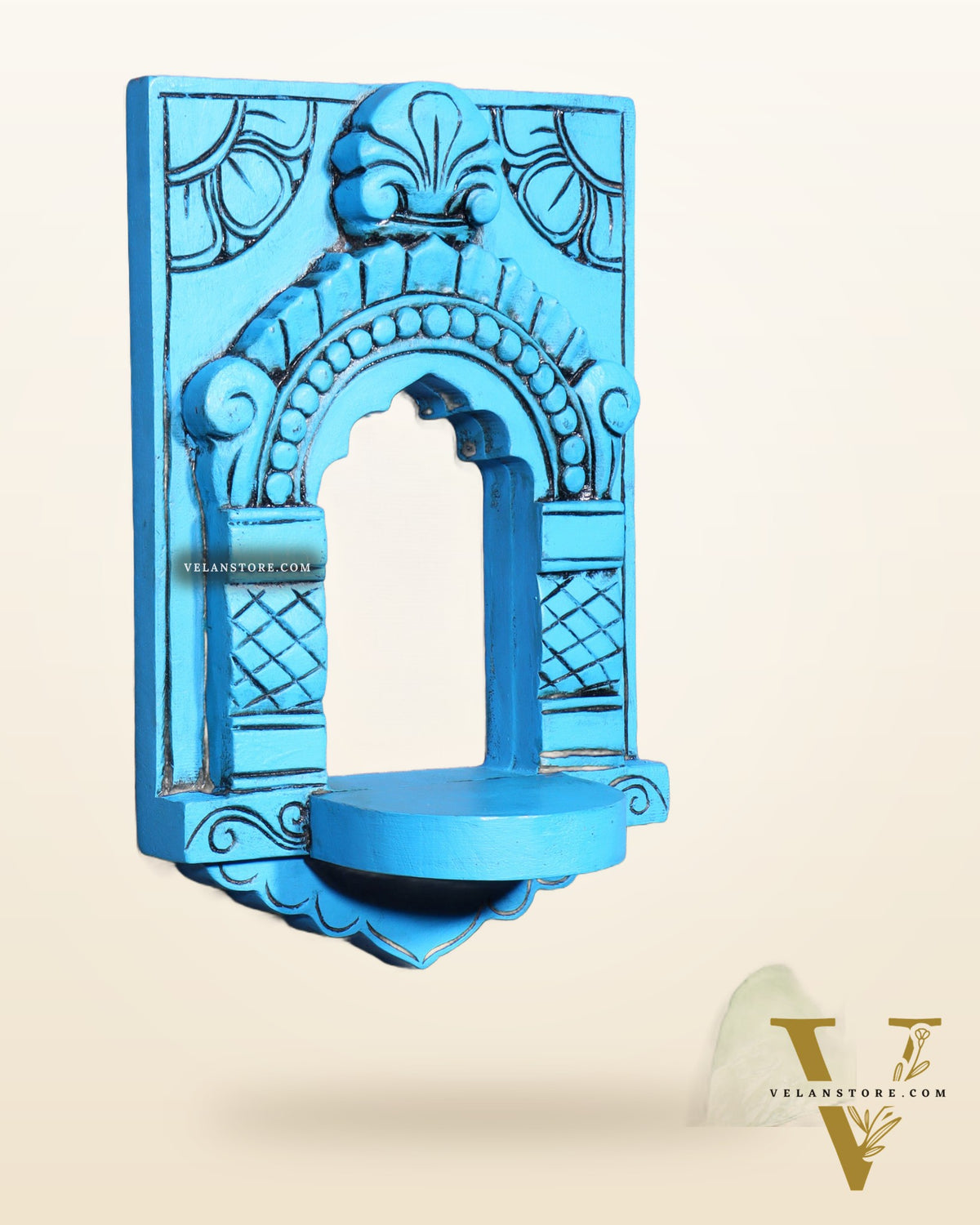 Wooden Wall Hanging Jharokha Arch – Handcrafted Decorative Shelf (Blue)