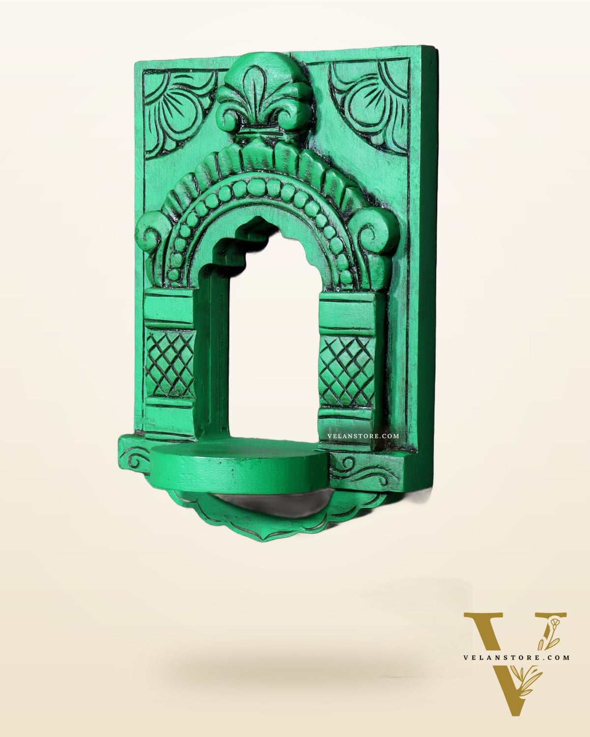 Wooden Wall Hanging Jharokha Arch – Handcrafted Decorative Shelf (Green)