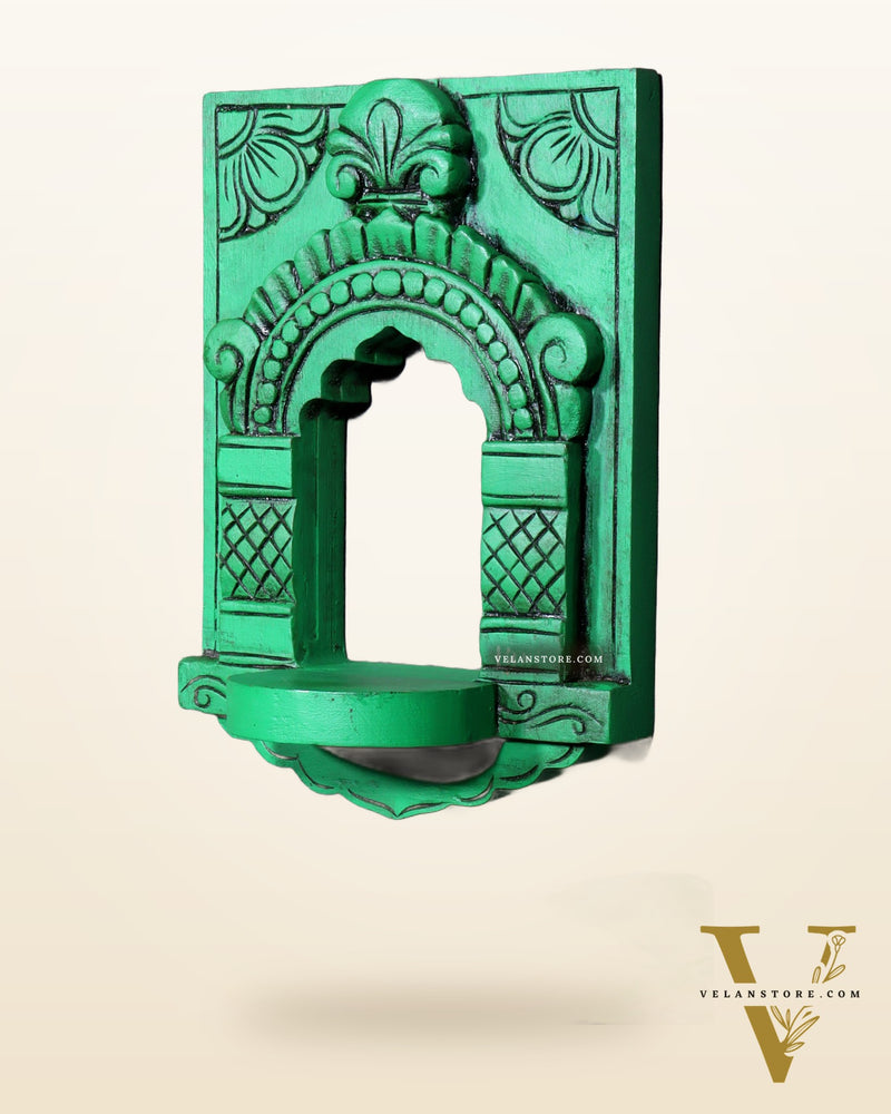 Wooden Wall Hanging Jharokha Arch – Handcrafted Decorative Shelf (Green)