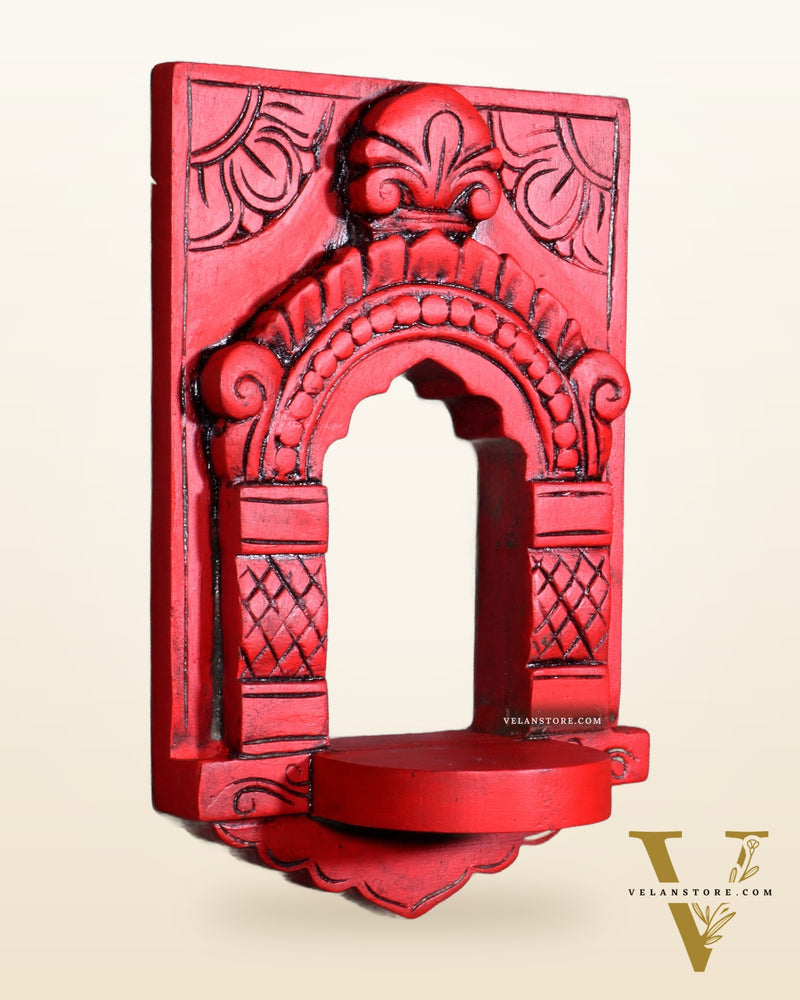 Wooden Wall Hanging Jharokha Arch – Handcrafted Decorative Shelf (Red)