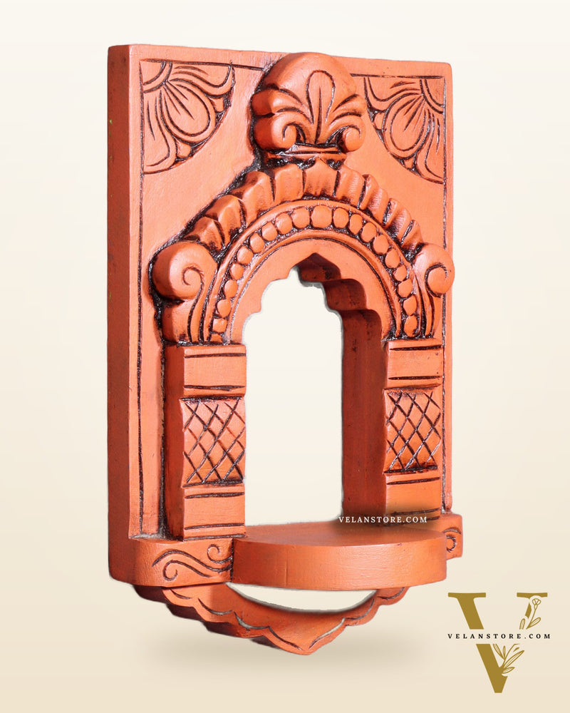 Wooden Wall Hanging Jharokha Arch – Handcrafted Decorative Shelf (Earthy red)