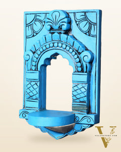 Wooden Wall Hanging Jharokha Arch – Handcrafted Decorative Shelf (Blue)