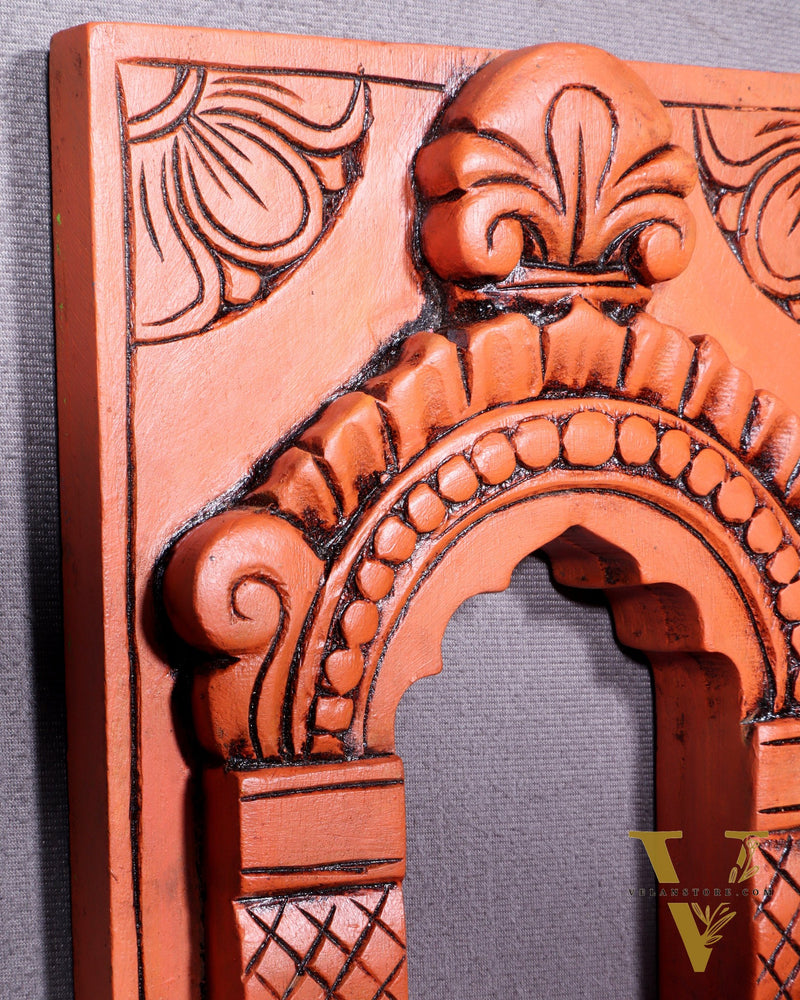 Wooden Wall Hanging Jharokha Arch – Handcrafted Decorative Shelf (Earthy red)