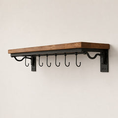 Wall Mounted Pot & Pan Rack with Wooden Shelf – Rustic Kitchen Organizer with Hooks