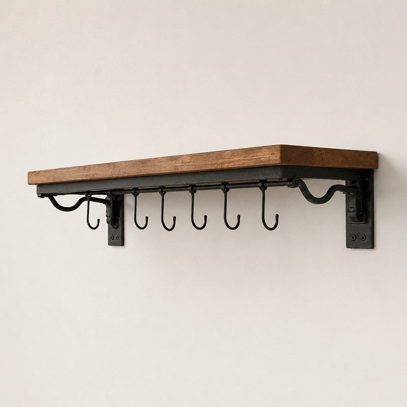 Wall Mounted Pot & Pan Rack with Wooden Shelf – Rustic Kitchen Organizer with Hooks