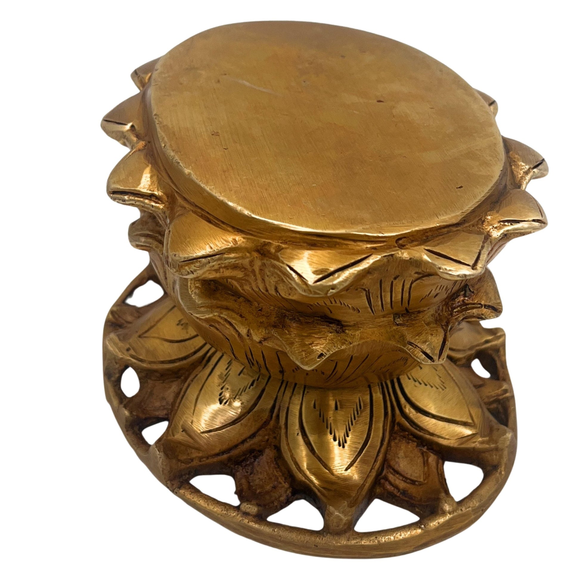Bhunes Brass Lotus Shaped Pooja Chowki for Kalash, Deity Idol Stand, Mandir Platform, Kamal Peetha Singhasan, Traditional Pital Bajot Aasan for Temples & Home Decor,Gold, 3.5 Inch, 1 Piece
