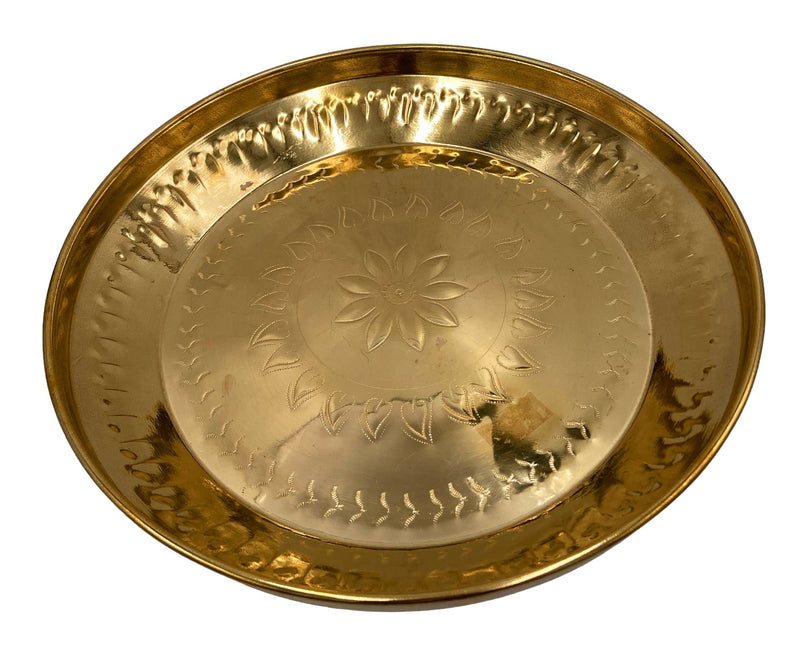 Handcrafted Brass Pooja Thali Peetal Aarti Plate Pittal Puja Thambalam Traditional Pital Worship Thali,Gold, 11.02 Inch, 1 Piece