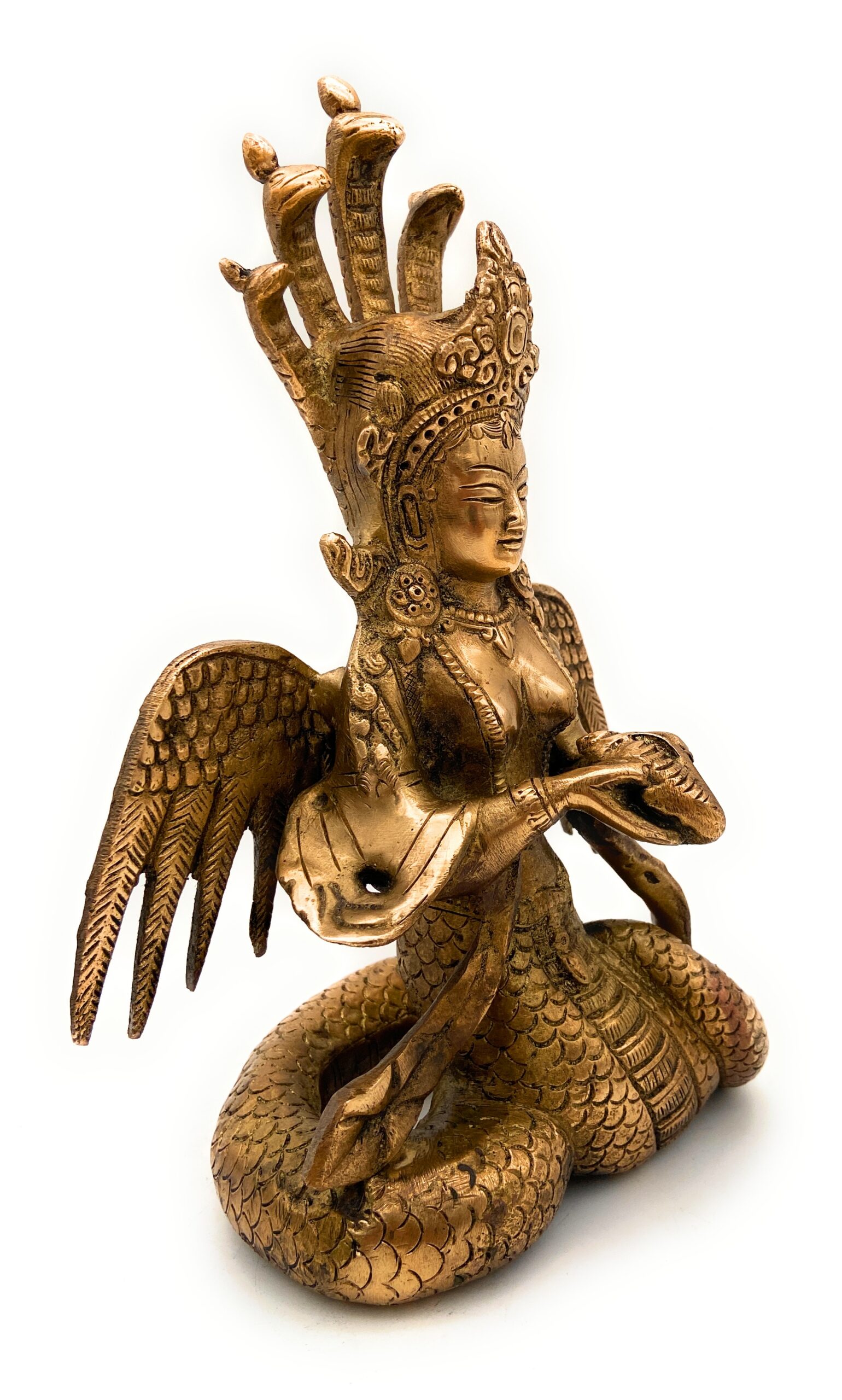 Brass Nagkanya Idol, Peetal Naga Kanya Nagini Manasa Devi Murti, Antique Nag Devi Sarpa Kanya Statue for Pooja, Home Decor & Gifts, Gold, 9 Inch, 1 Piece