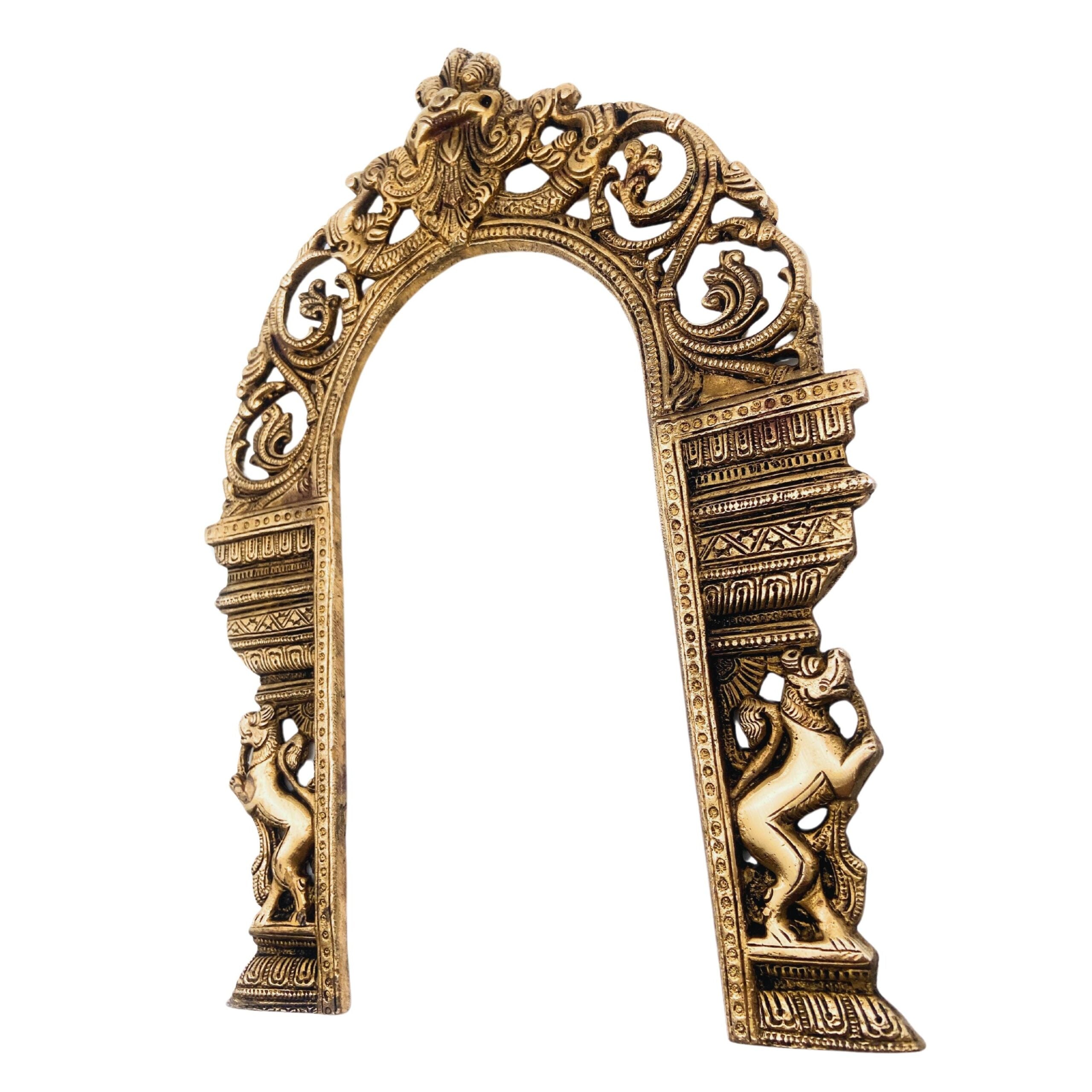 Bhunes Brass Prabhavali Arch Frame with Dual Yali – Wall Hanging Temple Backdrop | Traditional Prabhawali for Deity | Home Mandir Decor | Prabhaval for God Idol, Gold, 13 Inch, 1 Piece