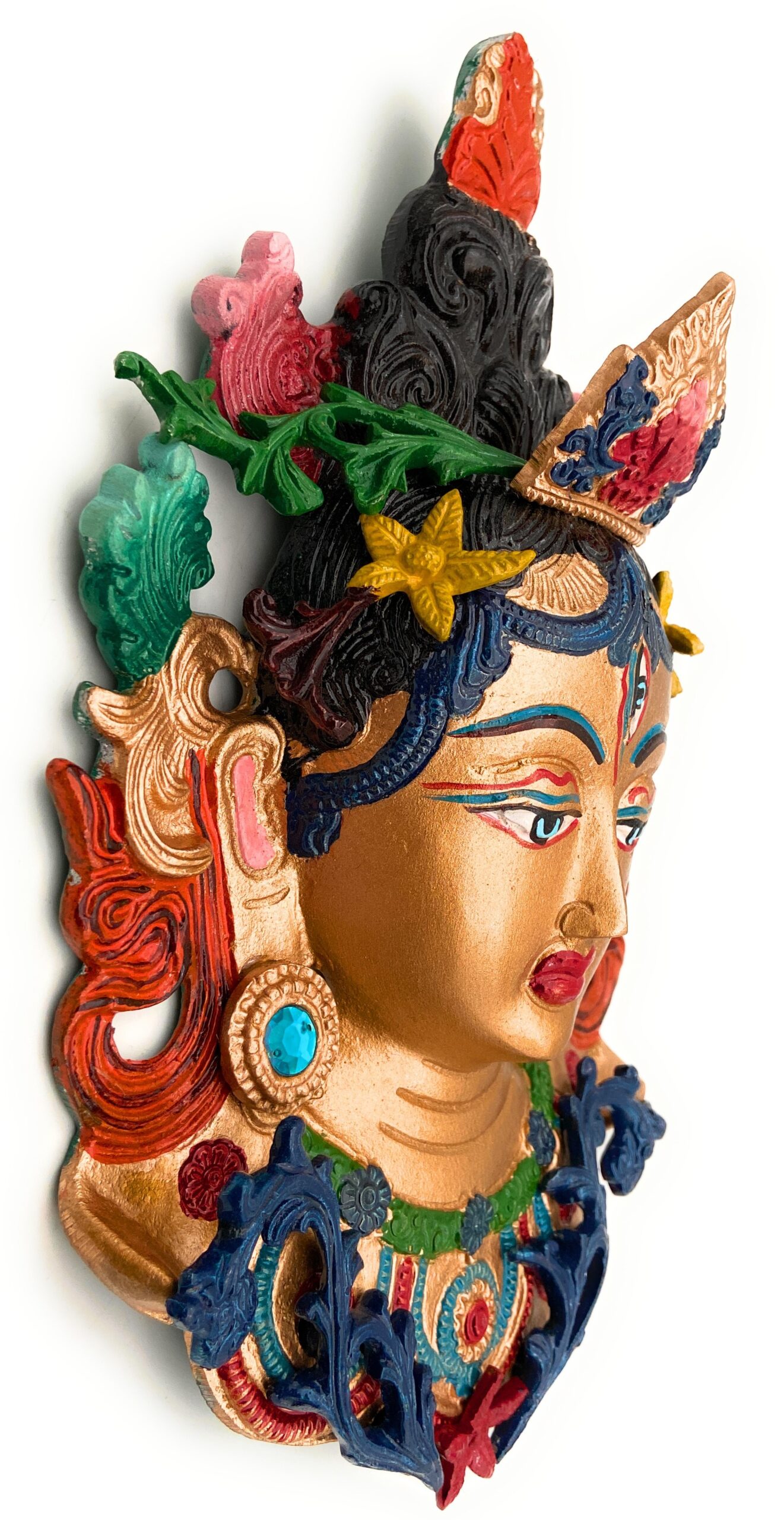 Hand Painted Brass Tara Face Idol, Tibetan Arya Tara Devi Drolma Mask, Pitala Durga Face Wall Hanging, 12 Inch, 1 Piece